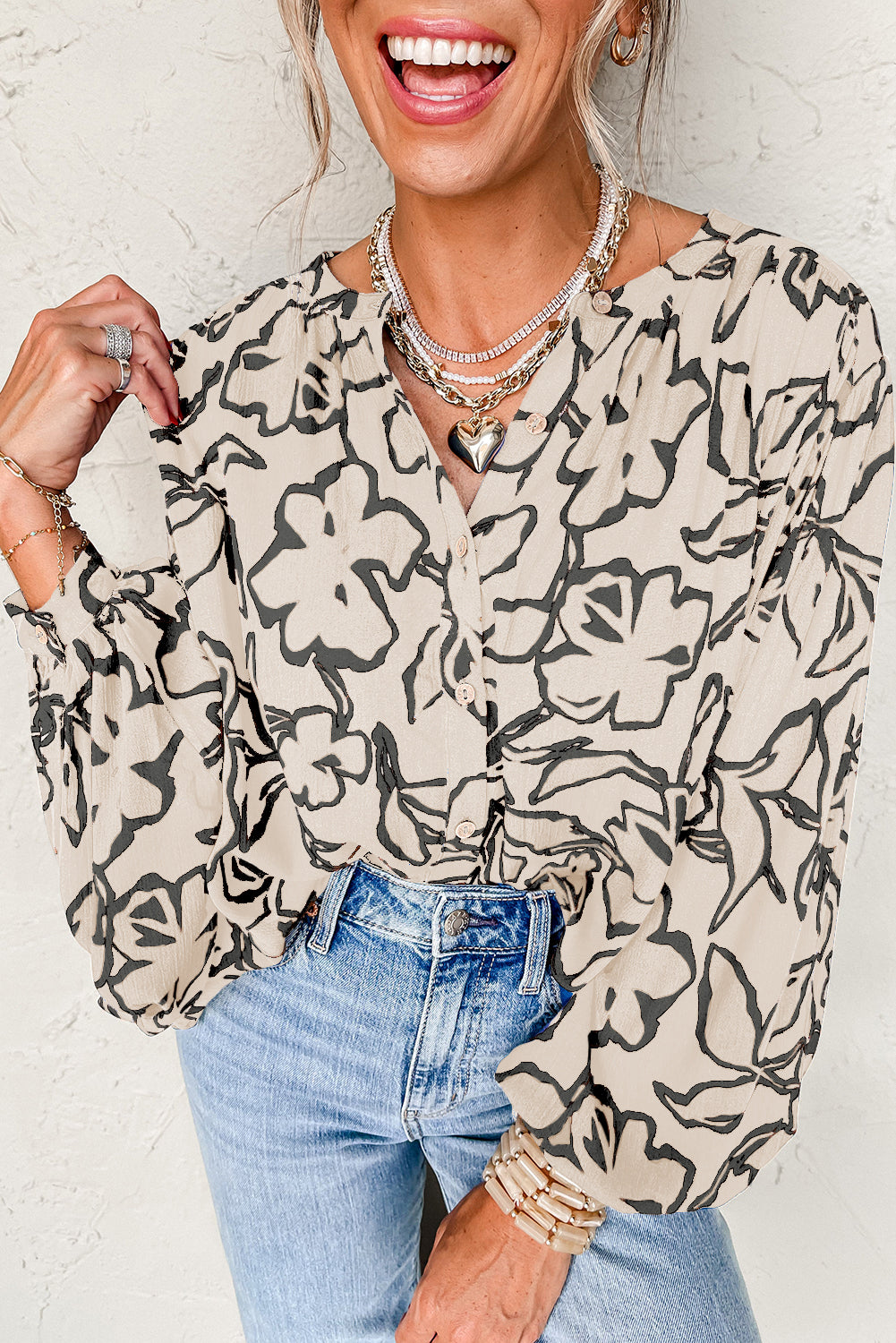Gray Morn Floral Print Batwing Sleeve Buttoned Loose Fit Shirt